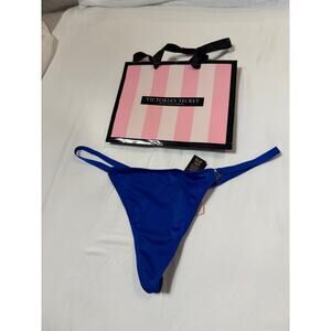Vintage Victoria's Secret Satin Silky Smooth Charm V-String Thong Panty OS Blue